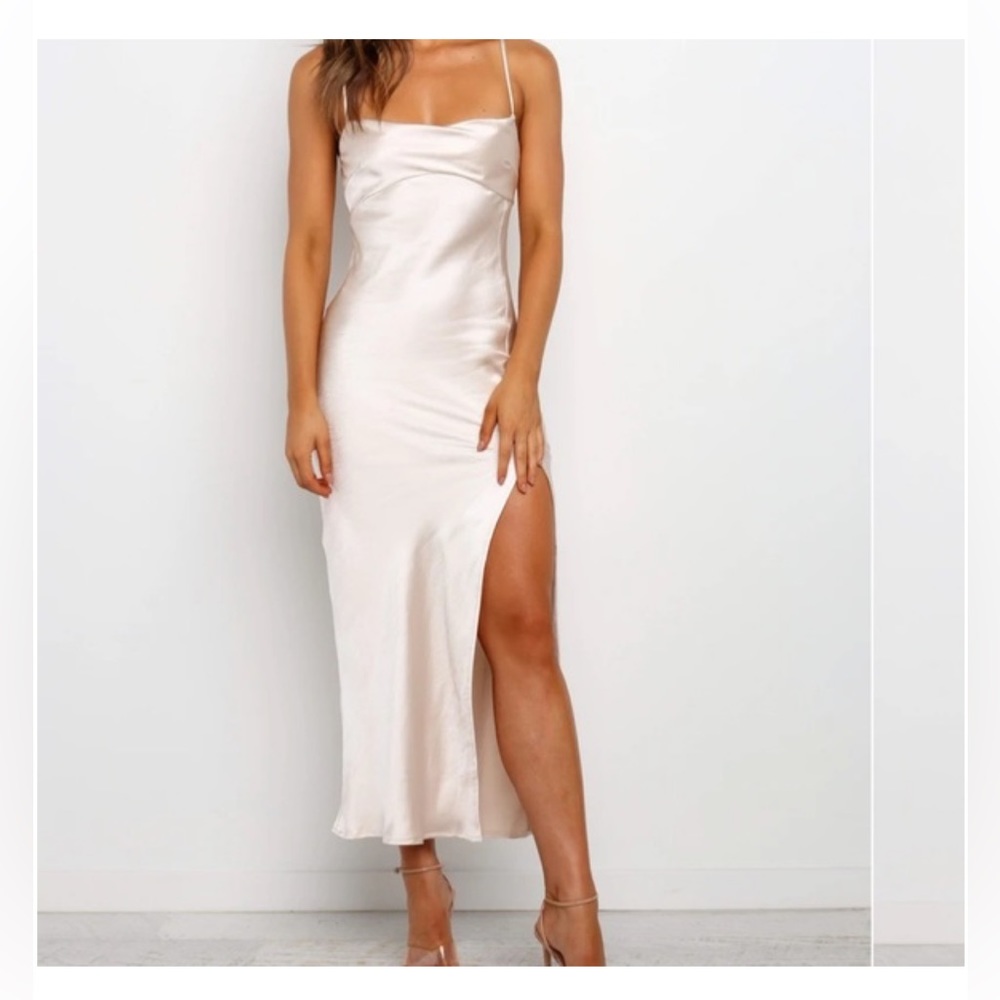 Petal & Pup | Champagne Satin Midi Dress